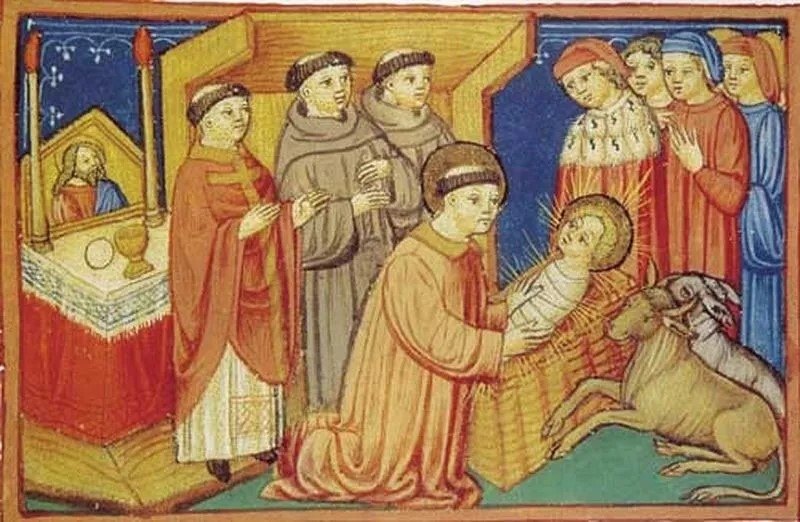 Miniatura medievale che raffigura san Francesco a Greccio nella notte di Natale del 1223 mentre depone il Bambino nella mangiatoia, tra frati, fedeli, il bue e l'asino
